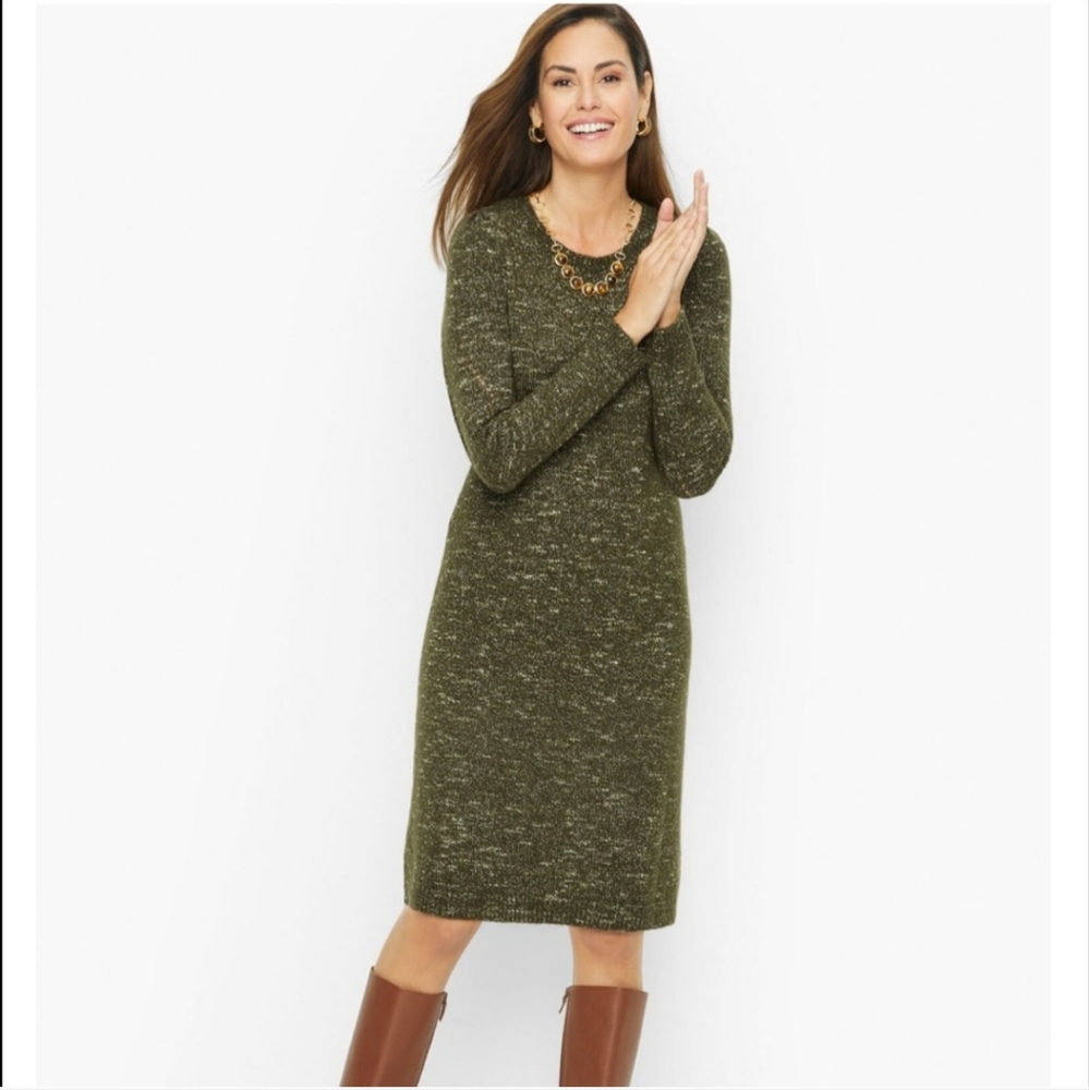 Talbots Pointelle Knit Shift Sweater Dress Dark Olive, XL